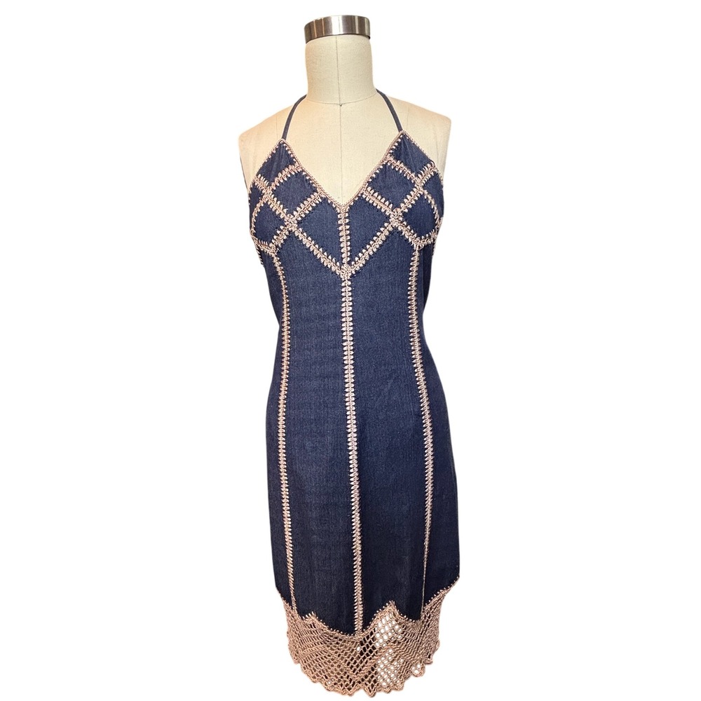 Boho Crochet Ashley Stewart Denim Halter Dress Midi Blue Vintage - Picture 5 of 12